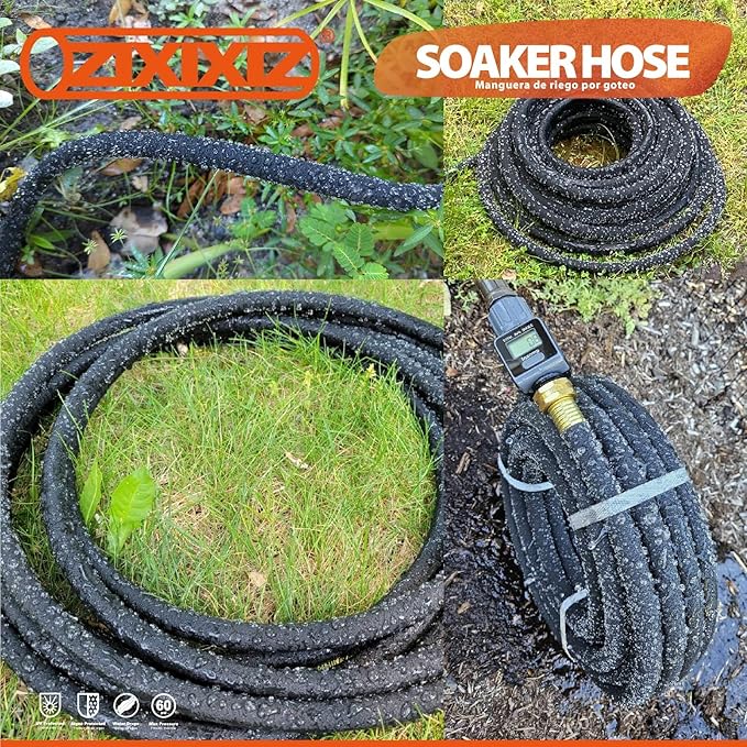 50FT Heavy-Duty 1/2 Inch Soaker Hose with 3/4 Inch Solid Brass Connector - Leakproof Garden Watering System for Gardens, Lawns, Flower & Vegetable Beds