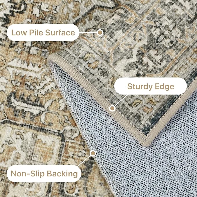 GENIMO Machine Washable 9x12 Area Rugs for Living Room, Non Slip Vintage Rugs, Low Pile Lightweight Chenille Print Rug for Bedroom, Dining Room, Home Office, Earthy Brown