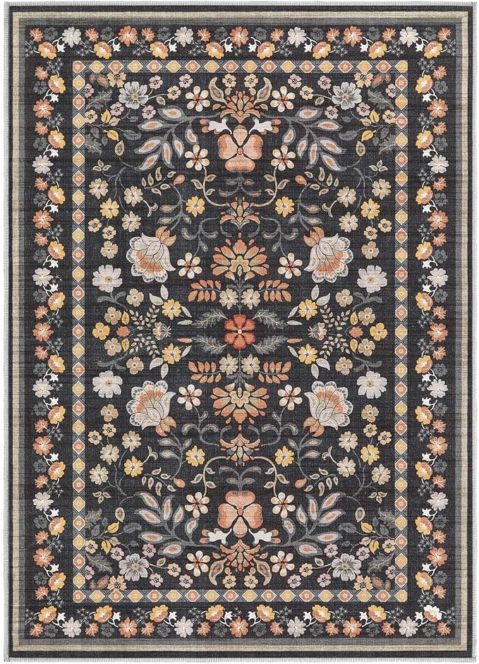 Door Mat Entrance Rug: 2x3 Washable Area Rug Boho Floral Small Rug - Non-Slip Low Pile Throw Indoor Carpet for Entryway Kitchen Front Door Bathroom Entry Kids Room - Black Grey