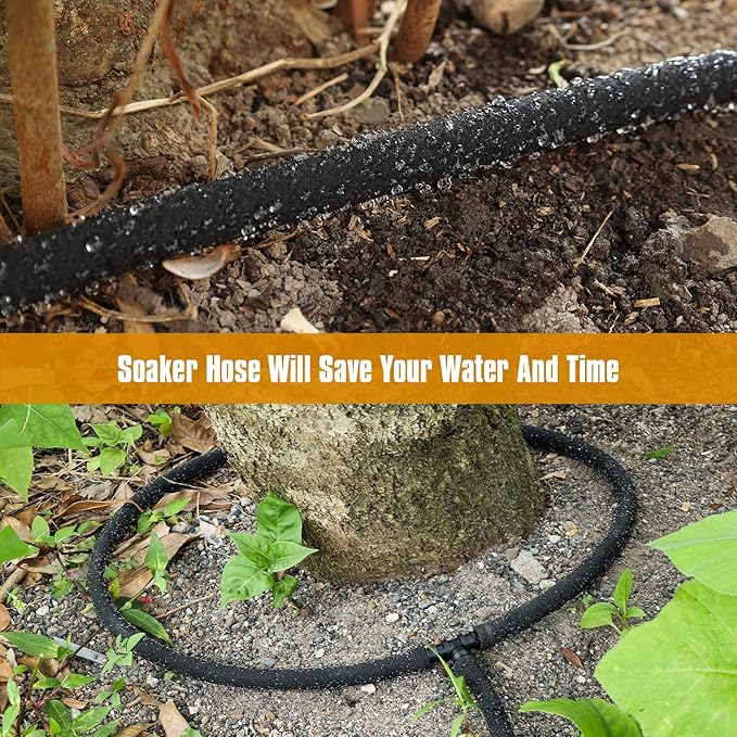 Soaker Hose 100ft for Garden Beds Solid Brass Interface Irrigation Save 70% Water Heavy Duty Rubber 1/2" Diameter Great for gardens/flower beds Accessories Contain Various Connections
