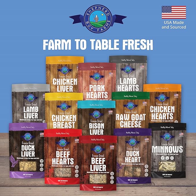 Shepherd Boy Farms Freeze Dried Dog and Cat Treats, Lamb Heart, All Natural Single Ingredient Freeze-Dried Dog Treat & Dog Snacks, Made in USA, High Protein, Essential Nutrition of Raw Dog Food, 8oz
