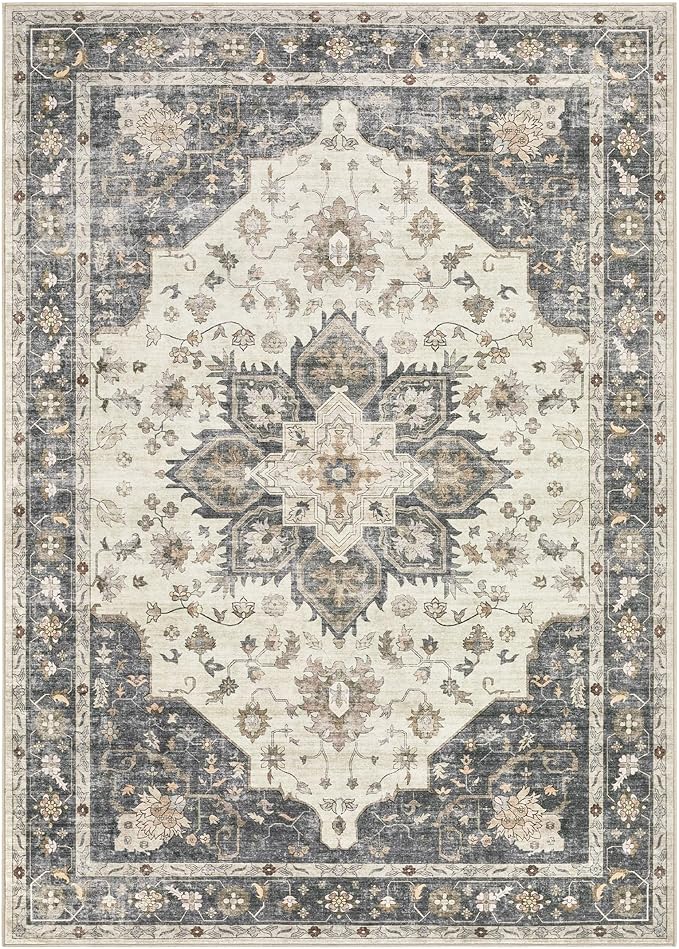 Area Rug for Living Room - 9x12 Soft Washable Oriental Vintage Floral Distressed Large Carpet - Fade Stain Resistant Non Slip Rugs for Bedroom Dining Room Nursery Dorm Office Home Decor - Beige Blue