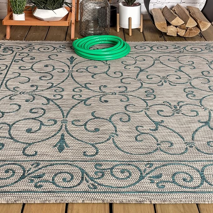 JONATHAN Y Vintage Filigree Indoor Outdoor Area Rug 4X6 Gray/Teal, Charleston Textured Weave for Backyard, Patio, Porch, Easy-Cleaning, High Traffic, Pet-Friendly, Non-Shedding (SMB106E-4)