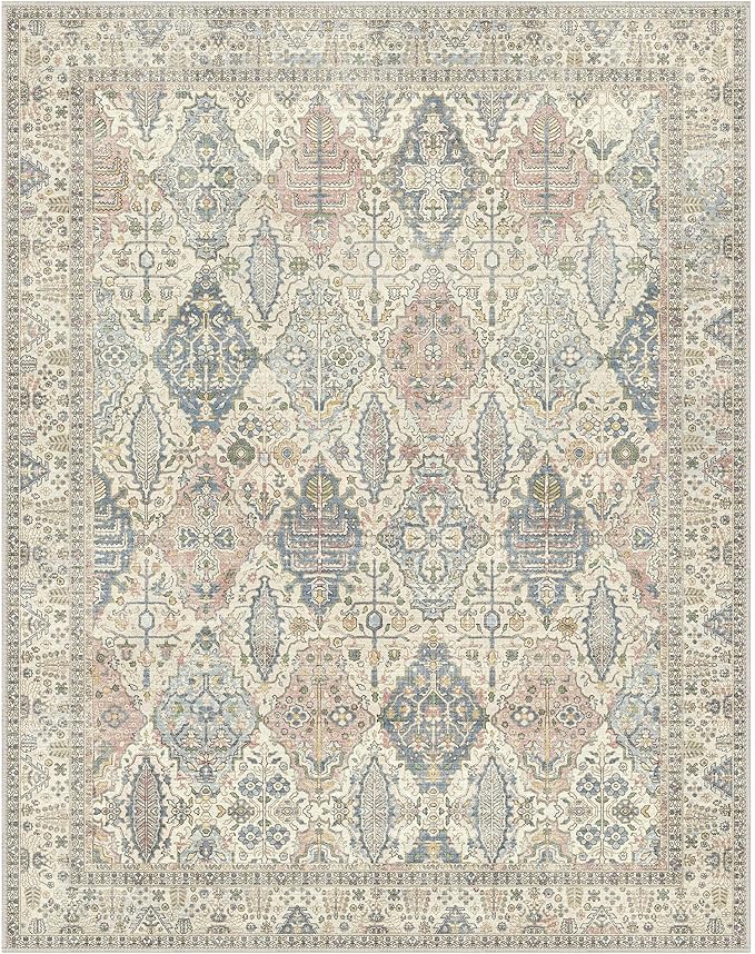GENIMO 3x5 Area Rugs for Living Room, Machine Washable Non Slip Vintage Rugs, Low Pile Lightweight Chenille Print Rug for Bedroom, Dining Room, Home Office, Beige Cream