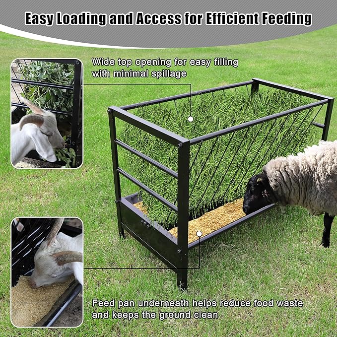 Large Pasture Hay Feeder 71Gallon, 2 in 1 Goat Hay and Grain Feeder for Goat Sheep Horse, Galvanized Steel Livestock Feeders with Top Rack & Feeding Trough, Easy to Install for Farms Shed Outdoor