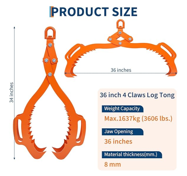 Garvee Log Lifting Tongs 36in,4 Serrated Claw Hook Log Tongs,3606Lbs Capacity Heavy Duty Timber Claw Hook, Logging Tools for Tractors, Trucks, Forklifts, ATV Logging, Lumber Handling