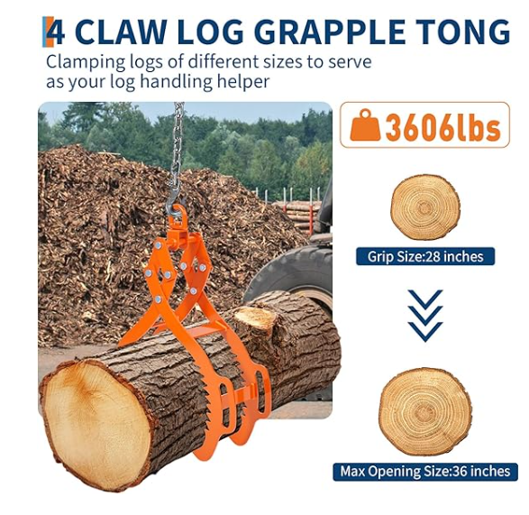 Garvee Log Lifting Tongs 36in,4 Serrated Claw Hook Log Tongs,3606Lbs Capacity Heavy Duty Timber Claw Hook, Logging Tools for Tractors, Trucks, Forklifts, ATV Logging, Lumber Handling