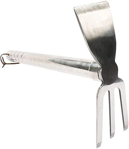Stainless Steel Garden Hoe Rake Hand Tool, 15" Metal Hand Hoe & 3 Prong Cultivator Dual Headed Gardening Tool for Weeding, Digging, Seeding Multipurpose