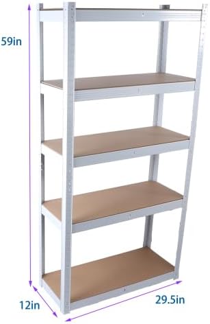 LuckyNote】5 Tier Laminated White Metal Shelving Unit Adjustable Garage Storage Utility Rack Heavy Duty Shelves Organization Multipurpose Shelf Warehouse Basement Pantry 29" W x 12" D x 59" H 1Pack