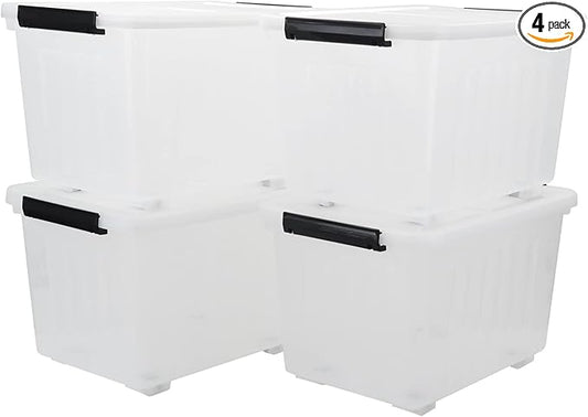 4-Pack Plastic Storage Box, 50 L Clear Large Storage Bin with Wheels