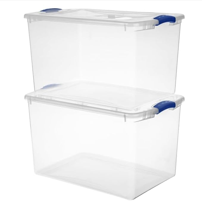 2 Pack 66 Quart Clear Plastic Storage Bins with Blue Latch Lids – Containers for Home, Closet & Garage Organization, Ideal for Bulky Item Storage