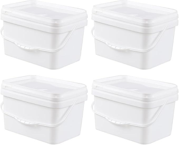 3 Gallon Rectangular Buckets Pails, 4 Pack Food Safe Buckets with Airtight Locking Lids, White
