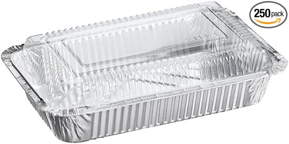 2 lb Aluminum Foil Oblong Take-Out Container with Dome Lid, Silver, 7.25 x 4.75 x 2.125 Inches, Stackable, Freezer Safe, Recyclable, 250 per Case