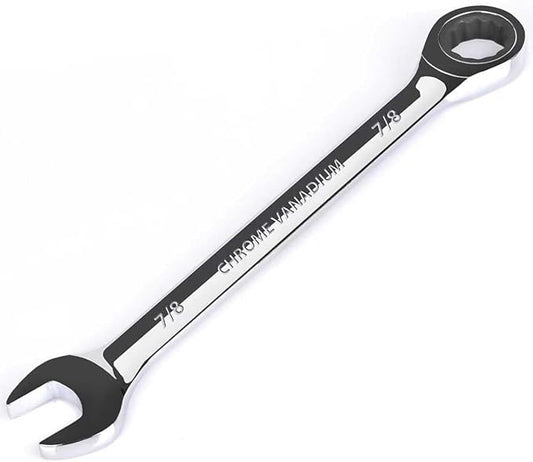 Egofine 7/8 inch Ratcheting Combination Wrench SAE, Industrial Grade Gear Spanner with 12-Point Design, 72-Tooth Ratchet, Chrome Vanadium Steel