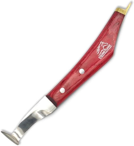 Equine Care Hoof Knife - J2 Japanese Steel Blade with Hoof Pick, Brass Topper Sheet Handle - Farrier Tool for Horse & Cow Hoof Care, Shoeing, Trimming, and Supplies. (Left-Handed)