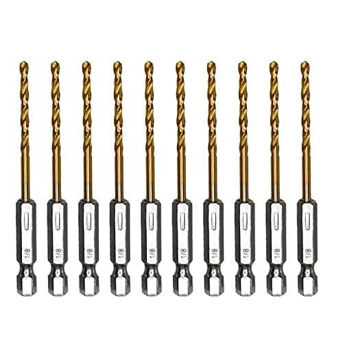 amoolo 1/8 Hex Shank Drill Bits, 10Pcs Titanium HSS Twist Impact Drill Bit Set for Metal, Steel, Wood, Plastic, Quick Change Design