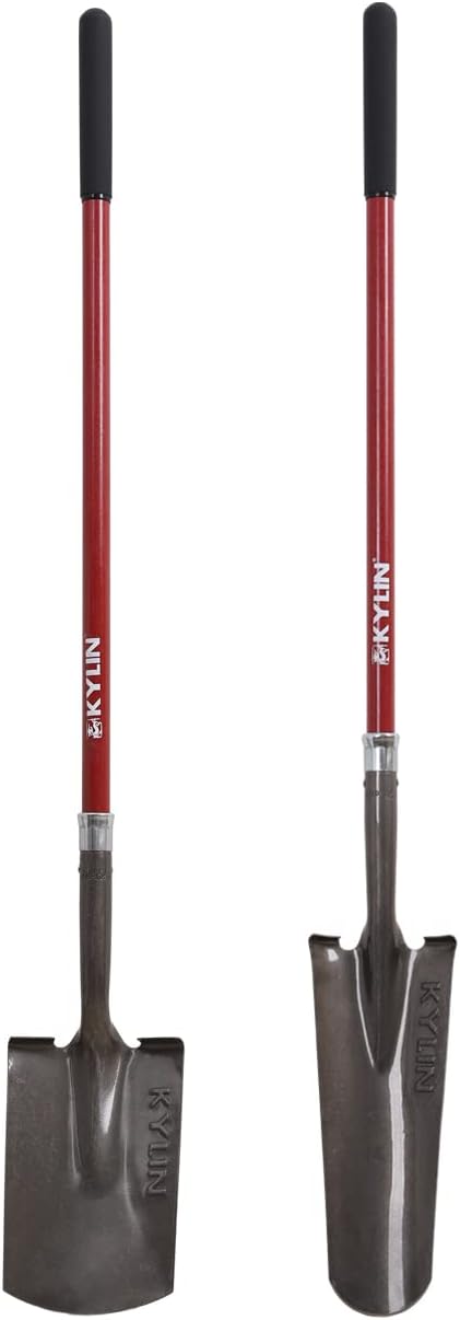 KYLIN Heavy Duty Long Fiberglass Handle Shovel 2-Piece Set, for Digging, Gardening, Cleaning Out Ditches, Digging Narrow Trenches, Laying Drains, Pipes and Cable Channels and Landscaping Industry.