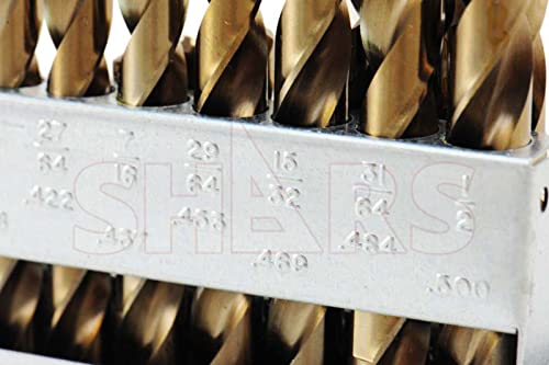 Shars 1/16-1/2" by 64ths 29 Pcs M35 Cobalt Straw Finish Jobber Drill Set with Huot Index Box 135° Point Angle 404-2260C P