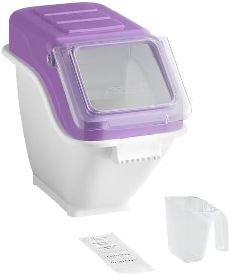 6.3 Gallon Ingredient Storage Bin with Flip Lid, Purple, Clear Window, Plastic Container, 100 Cup Capacity, Scoop and Labels Included, Rectangle Shape