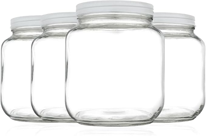 4 Pack - 64 oz Mason Jars Wide Mouth - 1/2 Gallon Glass Jar with Lid - Large Mason Jar for Canning, Brewing, Pickling, Storage - Big Mason Jar Made in USA