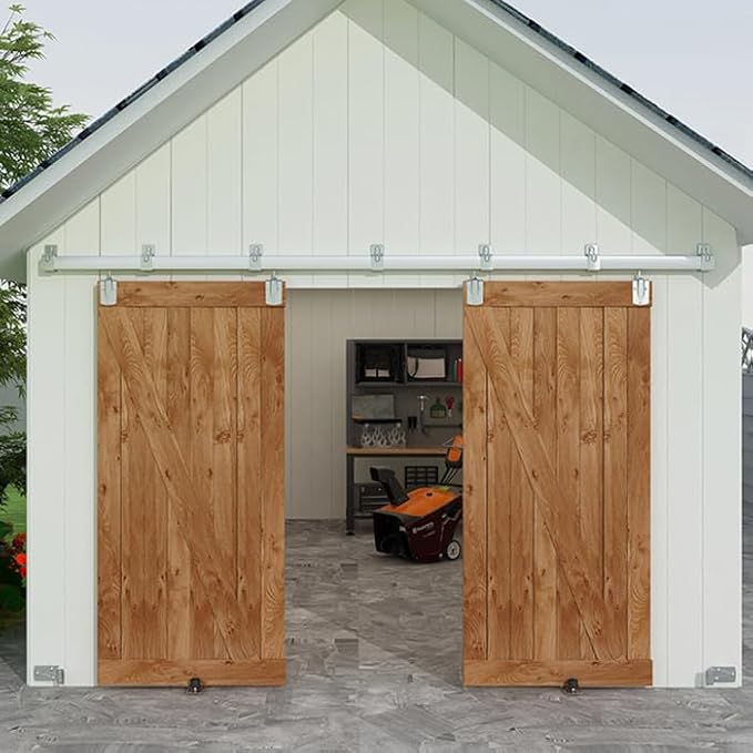 JUBEST 10FT Box Rail Exterior Barn Door Hardware Kit, Heavy Duty Sliding Barn Door Hardware, Wall Mount Barn Door Hardware for Two Door (Door NOT Include)