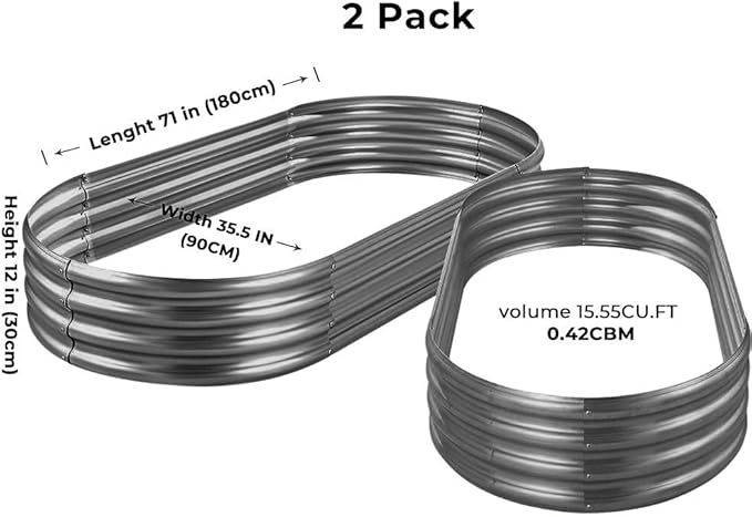 Land Guard 6×3×1 ft Galvanized Raised Garden Bed Kit, 2Pcs Raised Garden Boxes Outdoor, Oval Metal Raised Garden Beds for Vegetables, Flowers, Herbs（Grey）…………………