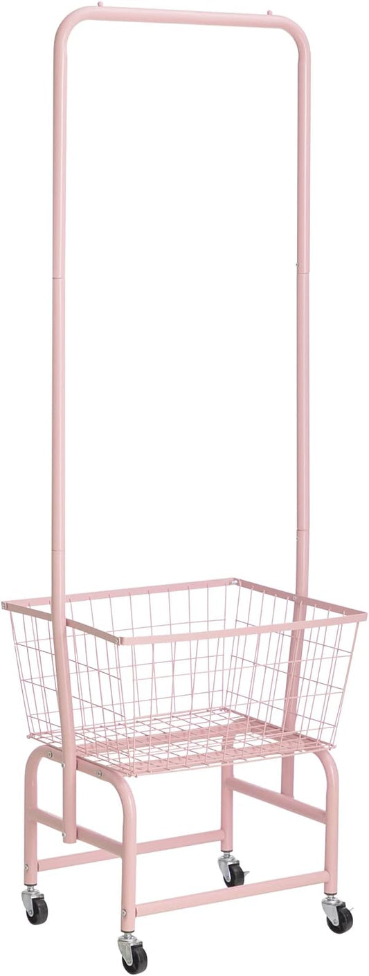 ALIMORDEN Laundry Cart with Clothes Rack, Rolling Laundry Butler with Wire Storage Rack，Pink
