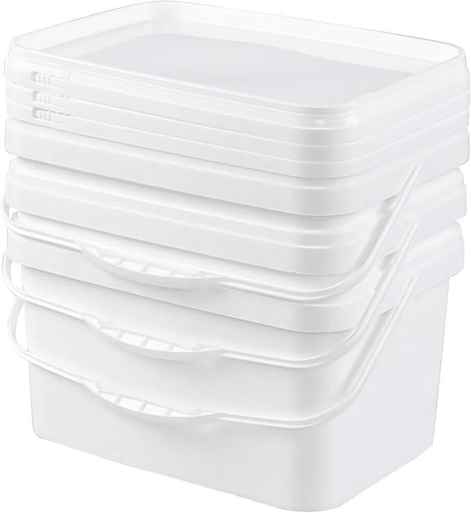 3 Gallon Rectangular Buckets Pails, 4 Pack Food Safe Buckets with Airtight Locking Lids, White