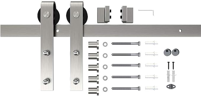 JUBEST 6 FT Brushed Nickel Sliding Barn Door Hardware Kit Smoothly and Quietly Hanger Roller Flat Track Kit, J Shape Roller Heavy Duty Nickle Barn Door Track,Easy to Install