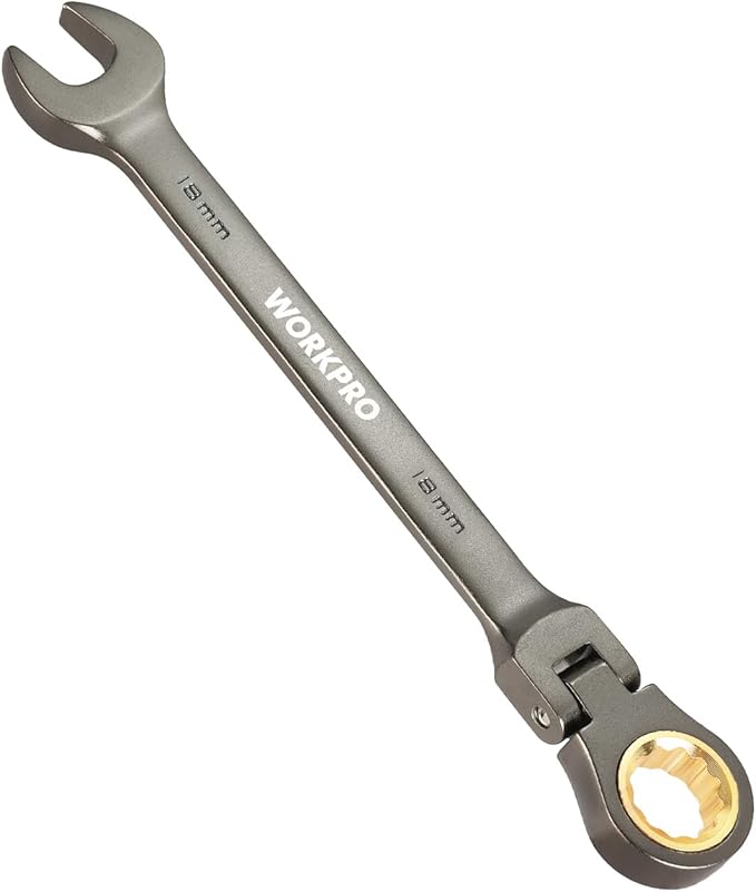 WORKPRO 18 mm Flex-Head Ratcheting Combination Wrench, Cr-V Constructed, Nickel Plating, 72-Teeth, 12 Point Design, Metric