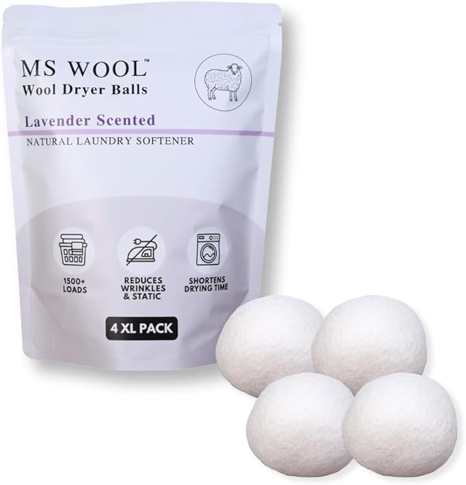 Lavender Scented Wool Dryer Balls – 4 XL Pack – Natural Fabric Softener, Reusable, Reduces Static, Reduces Wrinkles & Shortens Drying Time, Made W/Essential Oil, 100% Pure Wool