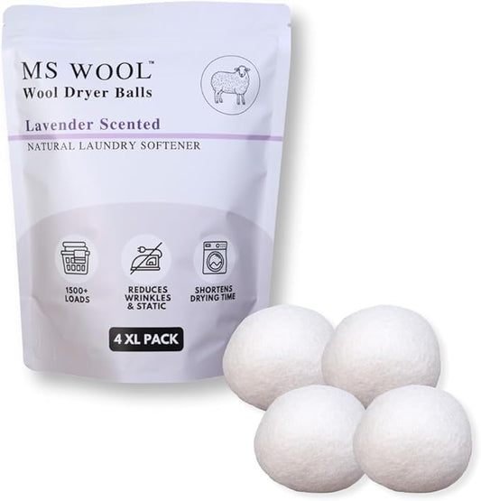 Lavender Scented Wool Dryer Balls – 4 XL Pack – Natural Fabric Softener, Reusable, Reduces Static, Reduces Wrinkles & Shortens Drying Time, Made W/Essential Oil, 100% Pure Wool