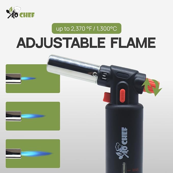 Jo Chef Kitchen Torch with Butane Included – Refillable butane torch Lighter with Safety Lock & Adjustable Flame, Culinary Blow Torch for Cooking, Creme Brulee 2 Cans (3.38oz) Included Black