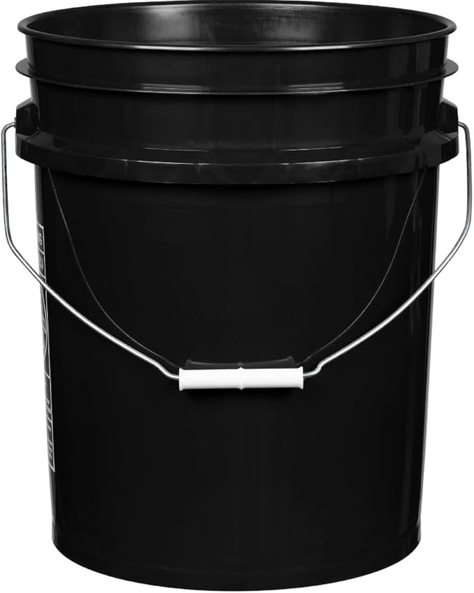 House Naturals 5 Gallon Food Grade Made in USA Plastic Bucket with Screw On Air Tight Double Gasket lid, (Pack of 3) (Black Buckets-White lids)