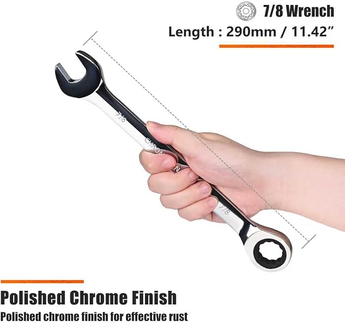 Egofine 7/8 inch Ratcheting Combination Wrench SAE, Industrial Grade Gear Spanner with 12-Point Design, 72-Tooth Ratchet, Chrome Vanadium Steel