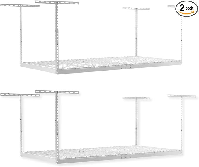 2-Pack 4 x 8 MonsterRax Overhead Garage Storage Rack, Ceiling Racks for Garage, Organization Shelving, Adjustable Hanging Shelf, White, 12"-21" Height Adjustment