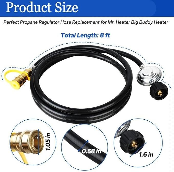 8ft F271803 Propane Adapter Hose Compatible with Mr Heater F271803 Big Buddy Indoor Outdoor Heater, Propane Regulator Hose and 3/8 inch Female Quick Connect for Most Gas Grill, Fire Pit