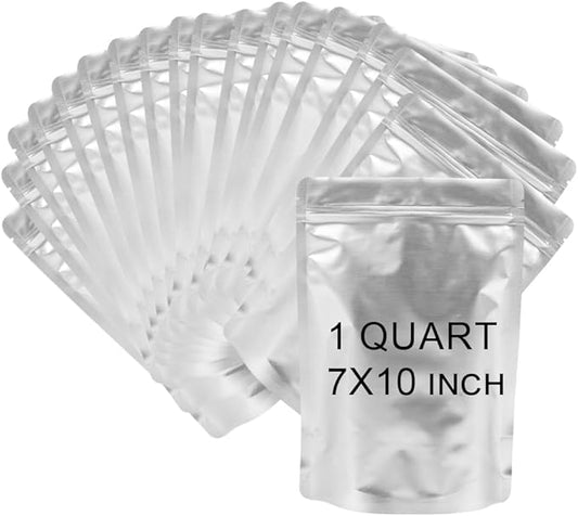7x10 Inch Aluminum Zipper Mylar Bags, Food Storage Bag with Oxygen Absorbers 300cc and Labels, Smell Proof Pouch, Thick 10 Mil Stand up Pouches, Long Term Food Container Sets 50 Pack