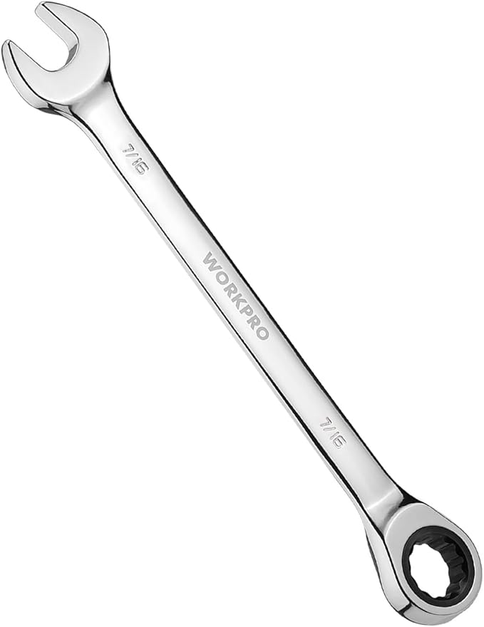 WORKPRO 7/16" Ratcheting Combination Wrench SAE, CR-V Constructed with Mirror Polish Chrome Plating, 12-Point Design, 15-Degree Offset
