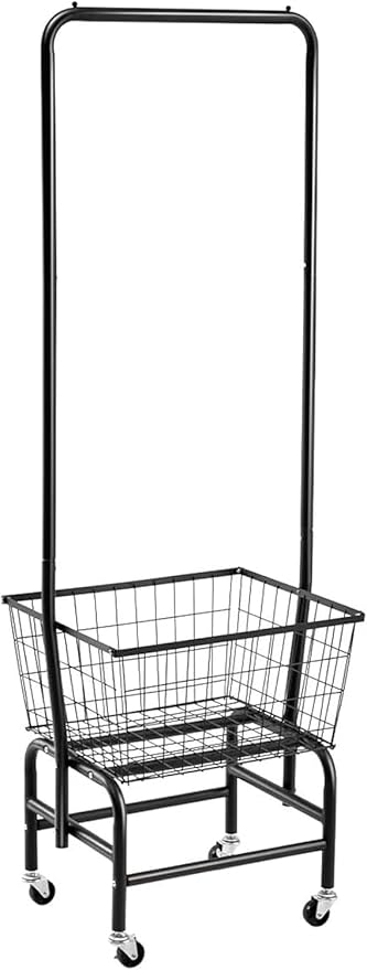 ALIMORDEN Laundry Cart with Clothes Rack, Rolling Laundry Butler with Wire Storage Rack，Black