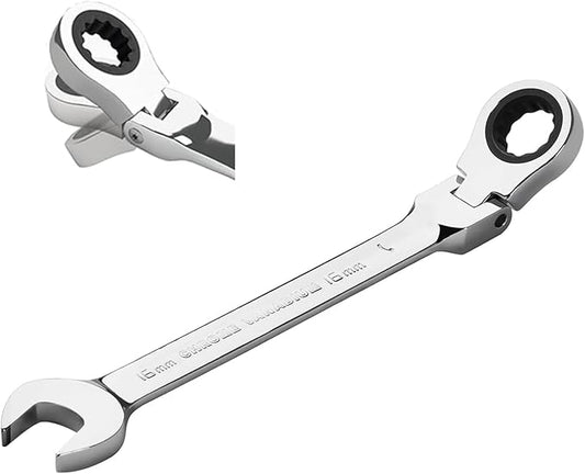 Jetech 16mm Flexible Head Gear Wrench, Industrial Grade Ratcheting Combination Spanner, Forged, Heat-Treated Cr-V Alloy Steel, Full Polished 12 Point,Metric