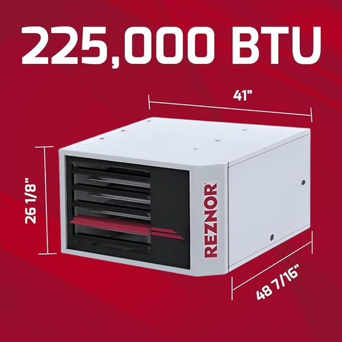 Reznor 225,000 BTU LP Gas Commercial Propane Heater | Garage, Warehouse, and Propane Shop Heater | Forced Air Unit, Ceiling Mount, Low Static Propeller Fan | Vertical Cat 1 B-Vent Kit | UDXC-225