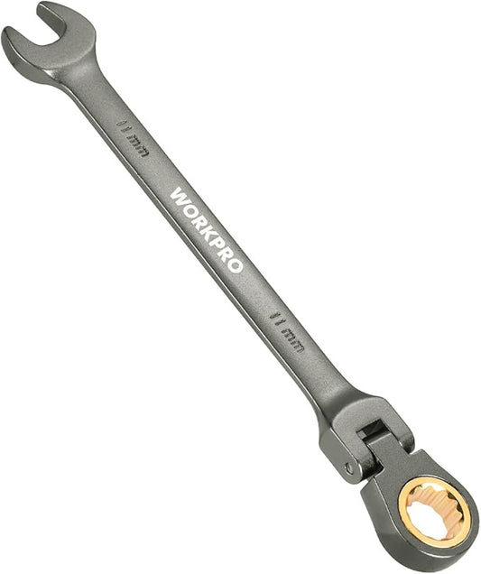 WORKPRO 11 mm Flex-Head Ratcheting Combination Wrench, Cr-V Constructed, Nickel Plating, 72-Teeth, 12 Point Design, Metric