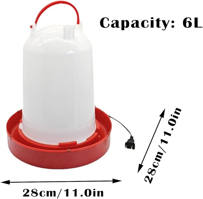 Heated Chicken Waterer for Winter 6L/1.5Gallon, Thermostatically Controlled Heated Poultry Waterer, Red Plastic Water Dispenser with Heater for Chicks Ducks Livestock