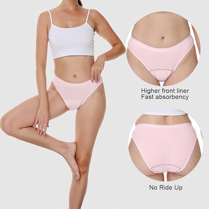 Battewa Leak Proof Underwear Discreet Incontinence Bikini Panties 40ml Absorbent Cotton Underwear with Odor Control 3 Pack (Pink/Navy/Black,Large) Ultra Comfort for Teens & Ladies