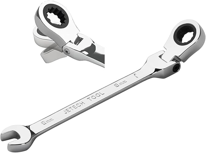 Jetech 8mm Flexible Head Ratchet Wrench, Industrial Grade Cr-V Steel, 12 Point, Off Corner Design, 72 Tooth Ratchet, 180 Degree Flexible Box End