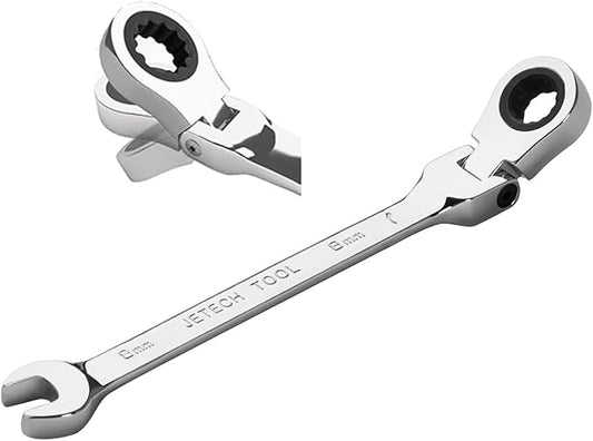 Jetech 8mm Flexible Head Ratchet Wrench, Industrial Grade Cr-V Steel, 12 Point, Off Corner Design, 72 Tooth Ratchet, 180 Degree Flexible Box End