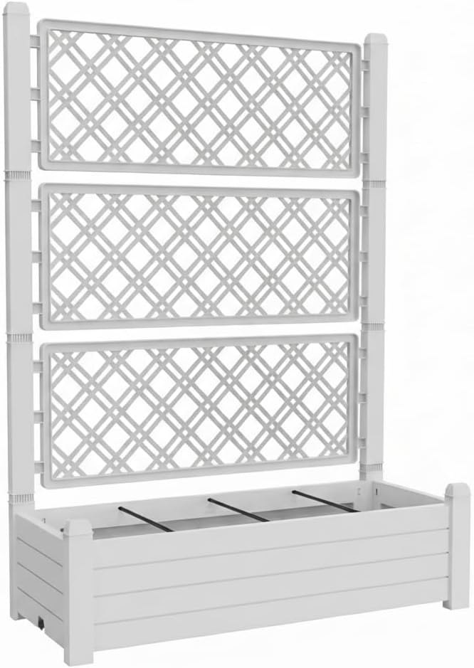 5.3' Tall Raised Garden Bed with Trellis, Outdoor Resin Plant Stand Planter Box with Drainage Plug for Veg/Fruits/Herb/Flower Best Choice for Backyard, Patio, Balcony (Ashen, 4 Pack)