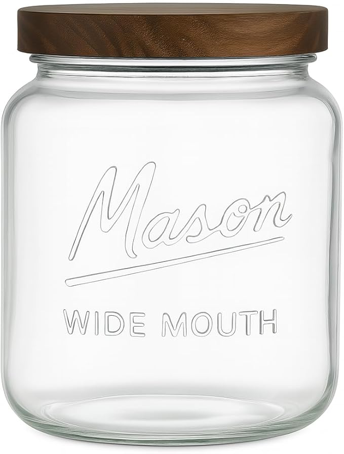kitchentoolz Half Gallon Glass Mason Jars with Airtight Wooden Lids - Food Storage & Canning Jars with Measurement Markings - Pantry Containers for Flour, Sugar & Dry Goods - 64 oz (4pk)
