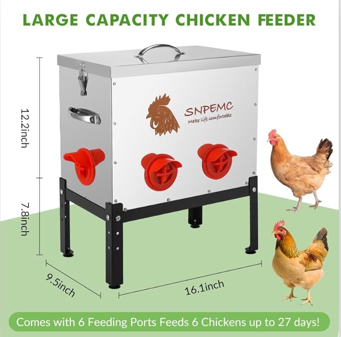 Automatic Chicken Feeder - 40lb 6 Ports Large Capacity Metal Chicken Feeder with Locking Lid and Legs, No Waste Poultry Feeder for Chickens, Ducks, Geese, Turkeys, Quails